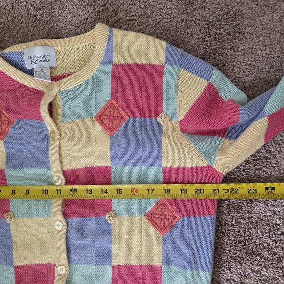 Vintage Pastel Checkered Cardigan Sweater Women L Fairy Embroidered Boho Cottage - Picture 8 of 9